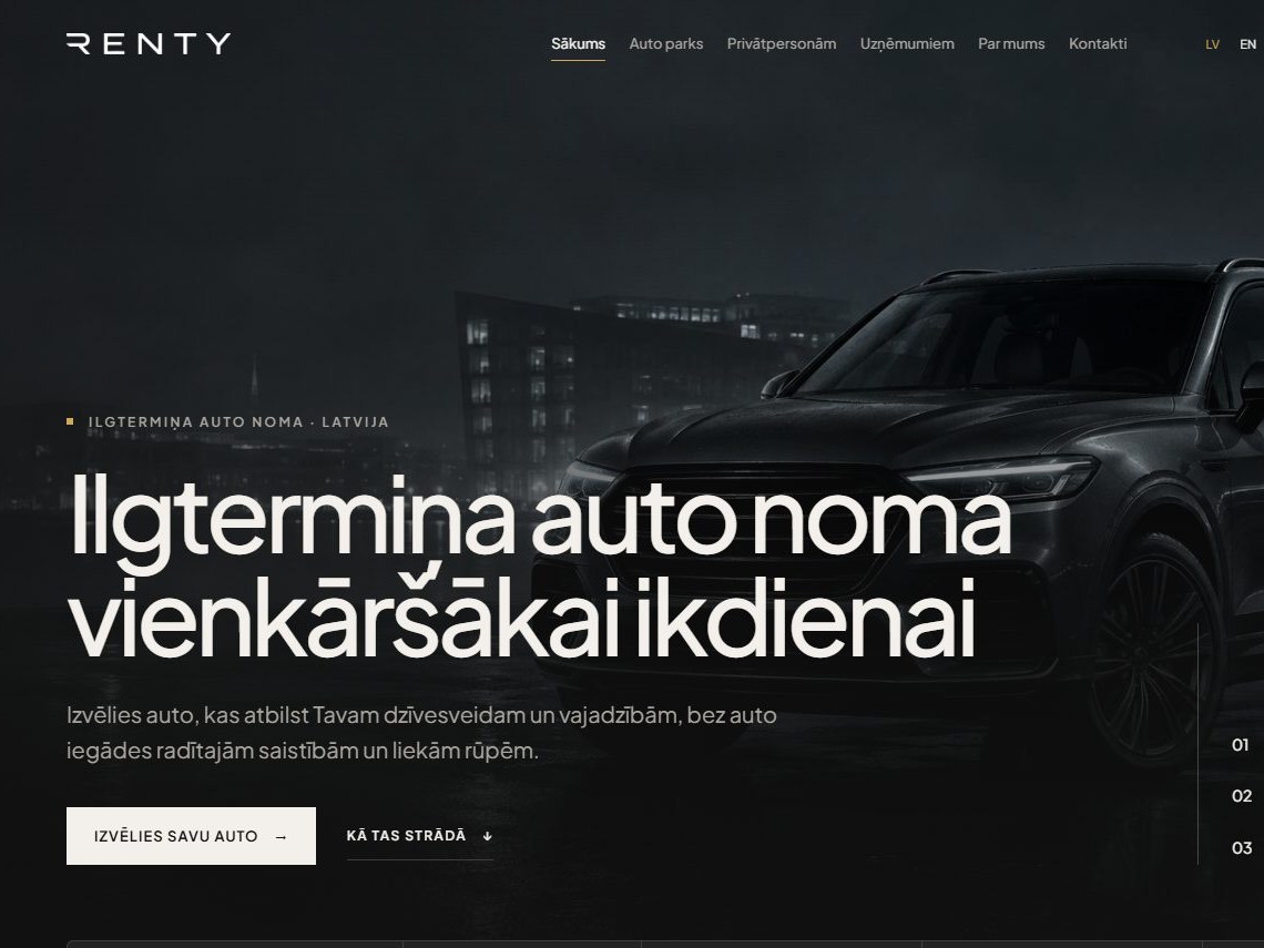RENTY long-term car rental website with a fleet catalogue and an enquiry form on the home page