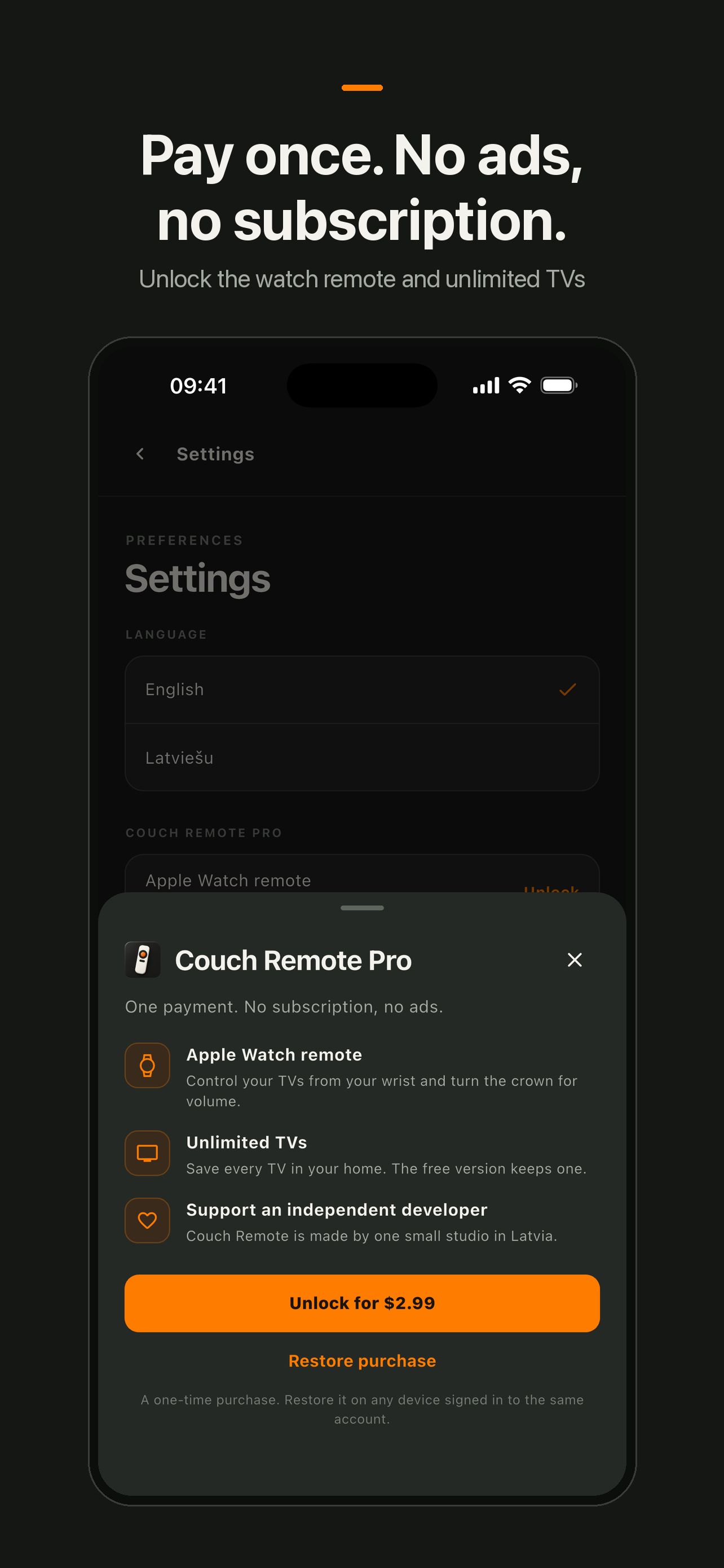 Couch Remote Pro — vienreizējs pirkums bez abonementa