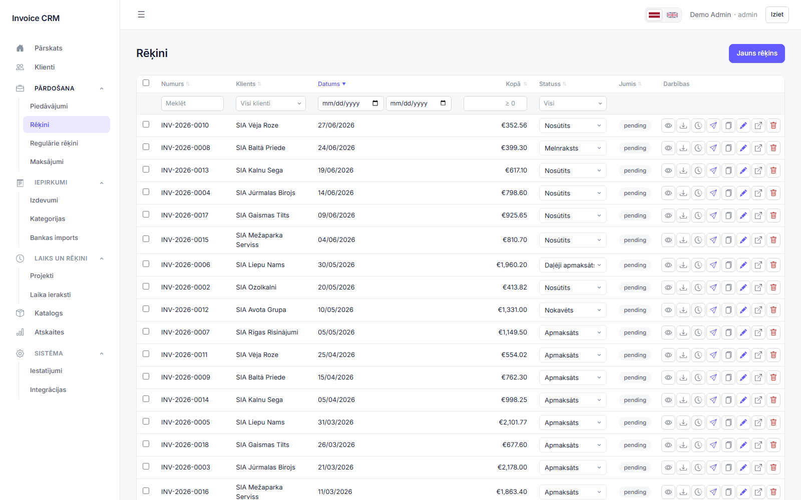Invoice list with statuses and bulk actions