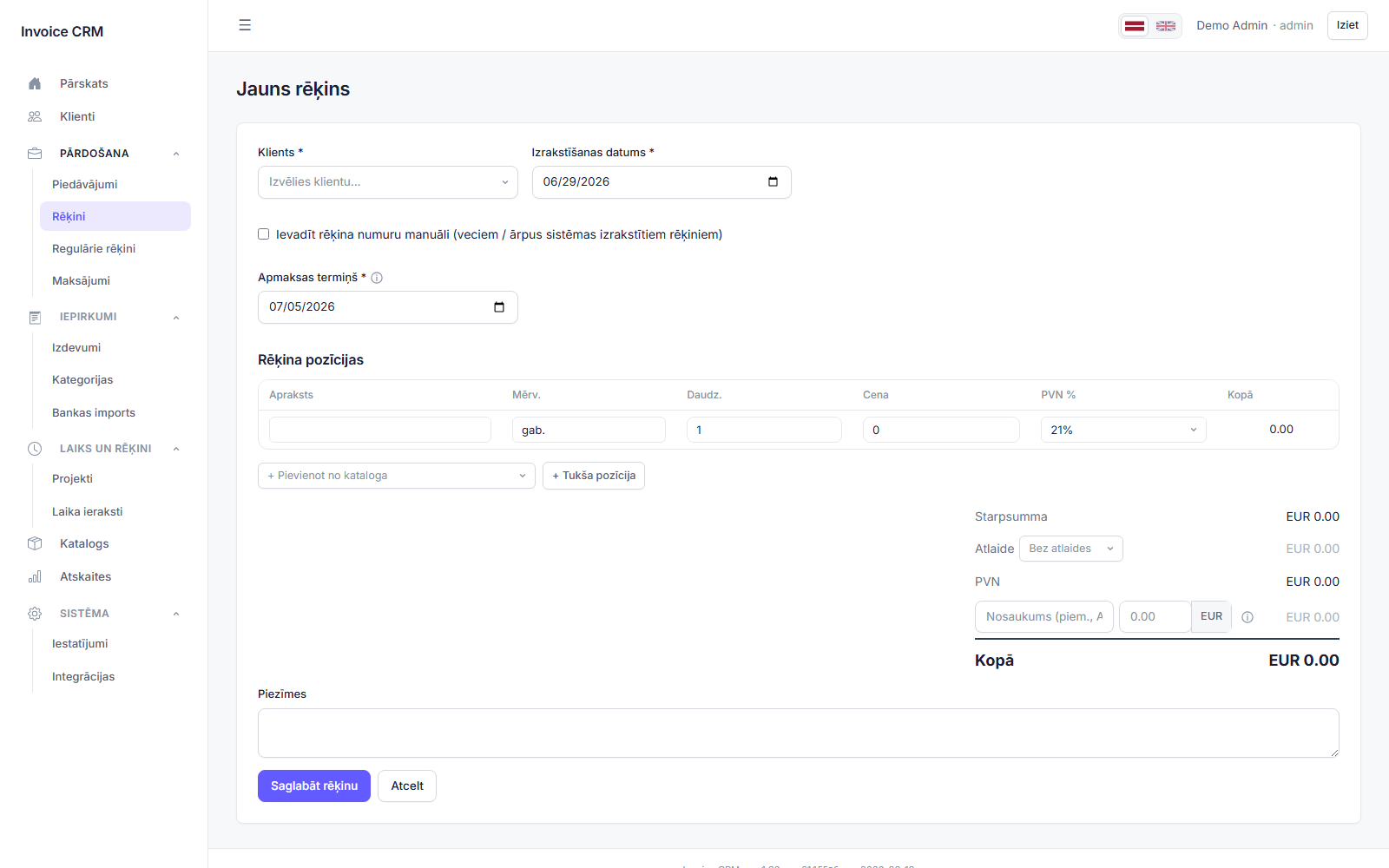 Preparing a new invoice with line items and VAT