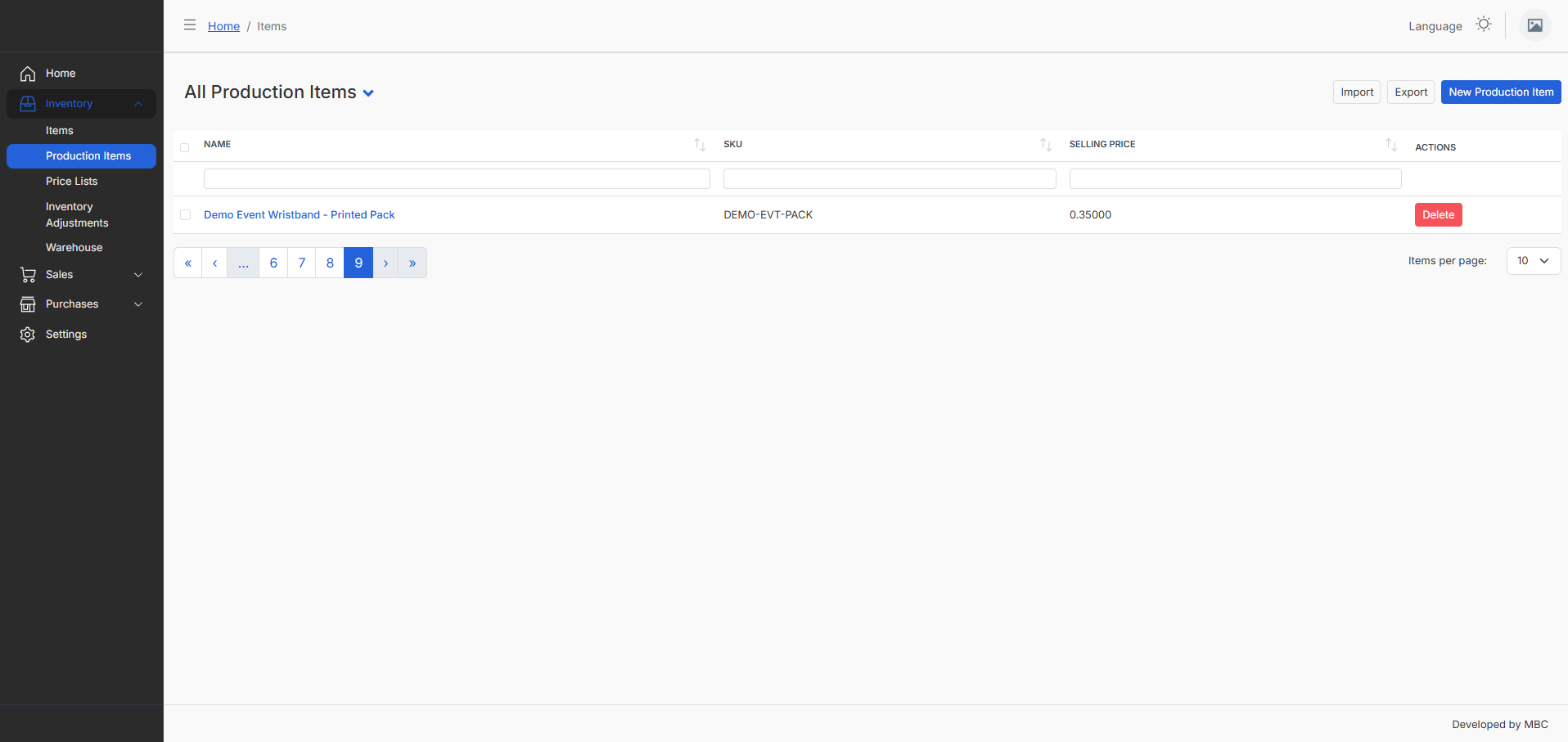 Production item list with import and export