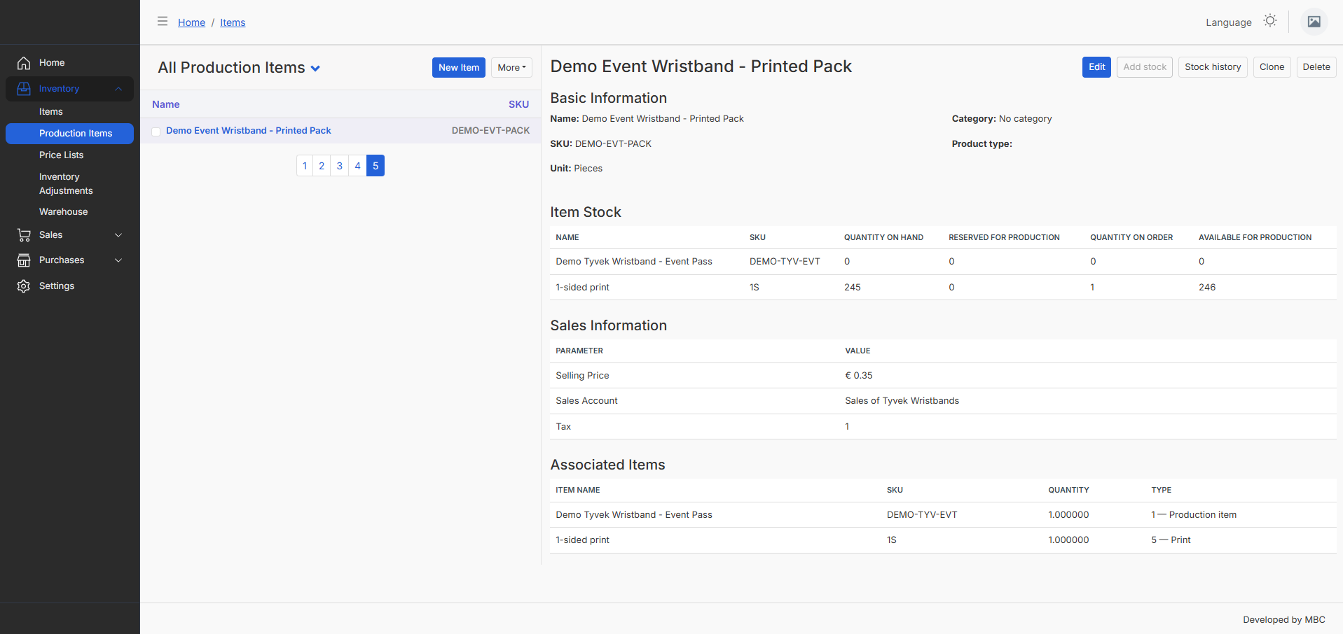 Production item with components and stock balances