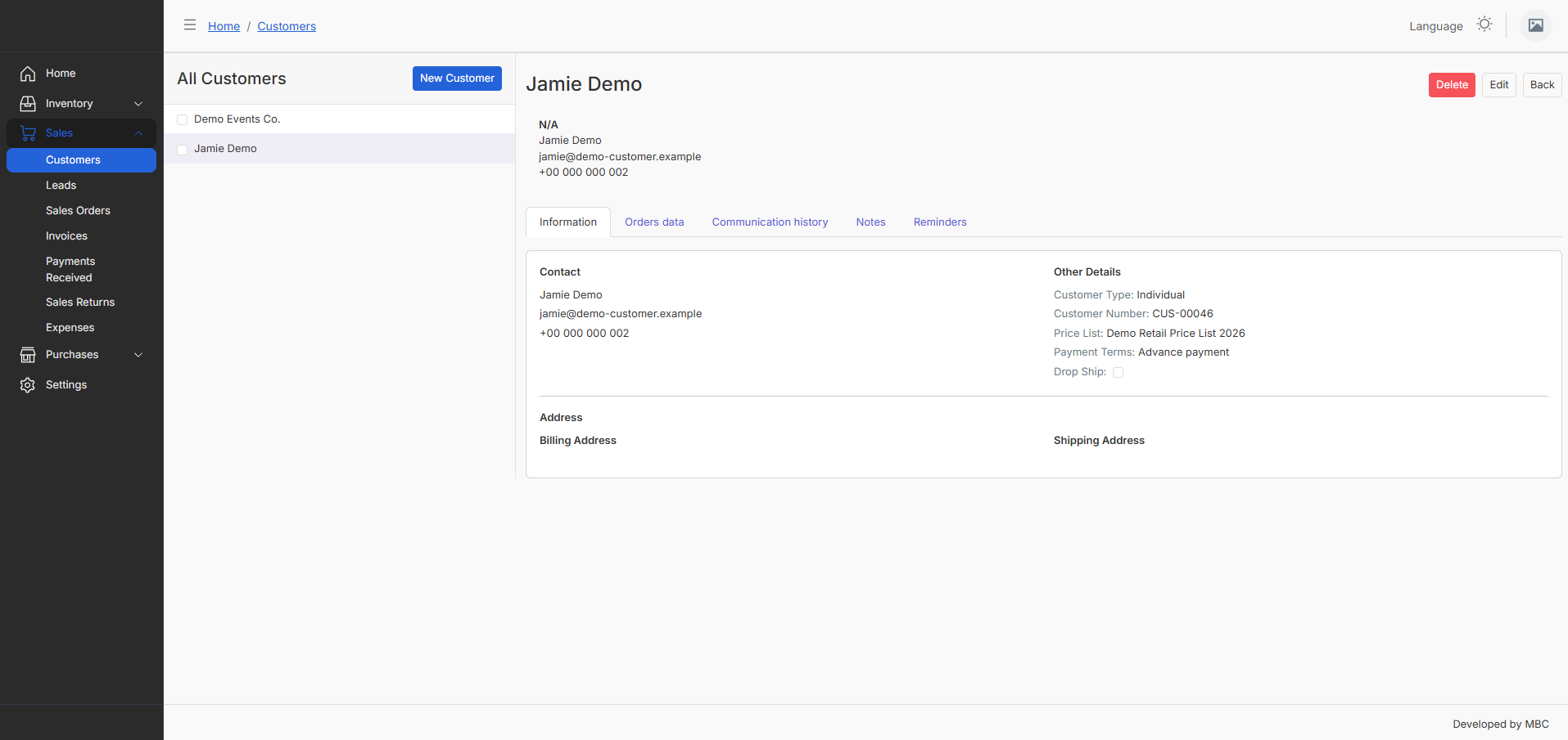 Customer card with orders and correspondence