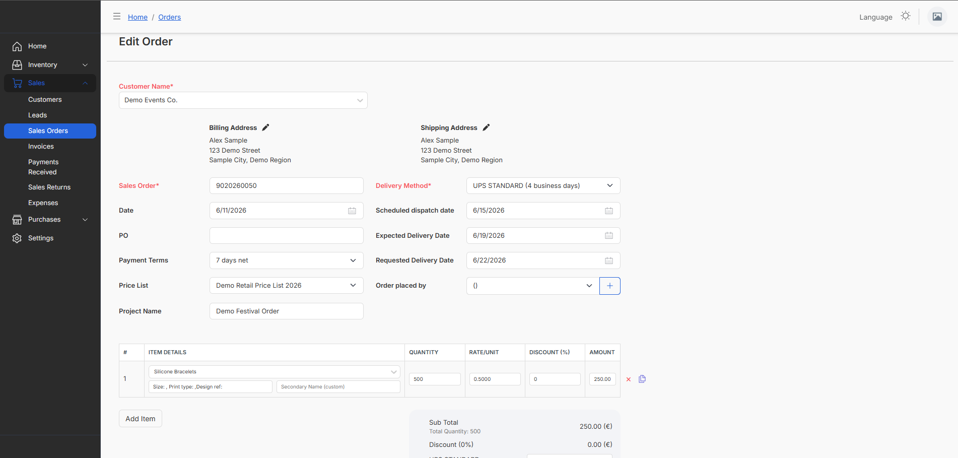 Sales order with delivery and line items
