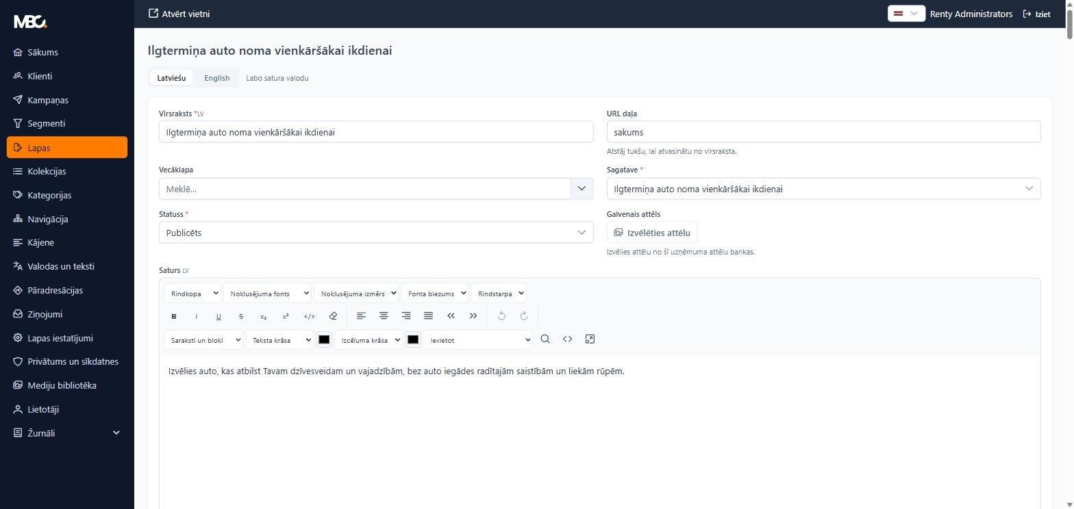Admin — editing a page in Latvian and English